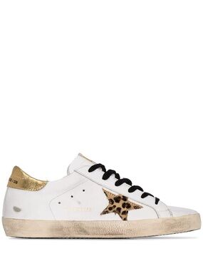 Golden Goose Super-Star White Leather Sneaker with Leopard Star and Gold Heel
